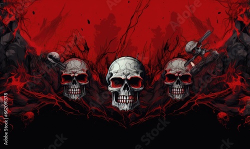 A collection of skulls against a vibrant red backdrop