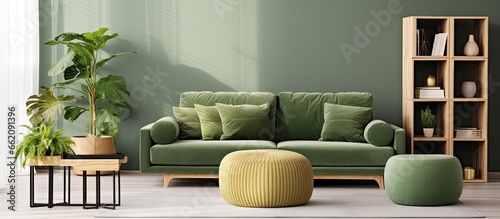 Scandinavian living room with green velvet sofa gold pouf wooden furniture plants carpet cube and poster frames Template With copyspace for text