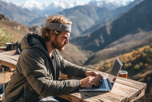 Digital nomad working on a laptop with a breathtaking mountain view created with Generative AI © dendyh7