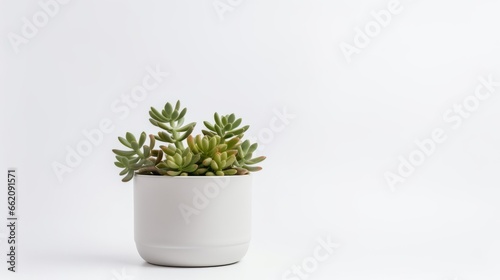 a small succulent plant with thick and fleshy green leaves in a white ceramic pot. The pot is round and smooth, creating a contrast with the textured plant. The background is plain white,