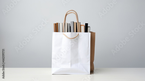 A white paper bag with books inside on a gray background. This image shows a white paper bag with a brown handle and books of different sizes and colors inside. The background is a light gray color.