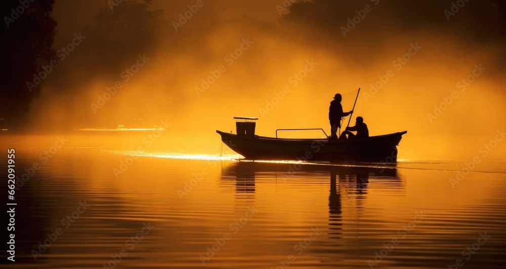 A man peacefully rowing a boat on a serene lake at sunset
