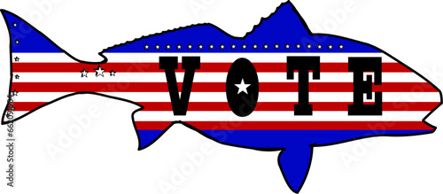 Redfish or Red Drum Fish with American flag look and black bold vote letters