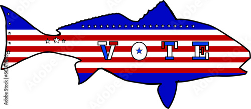 Redfish or Red Drum Fish with American flag look and red, white and blue bold vote letters