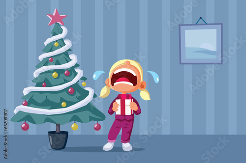 Spoiled Brat Ungrateful for her Christmas Gift Vector Cartoon Illustration. Disappointed entitled little child complaining about her Xmas present 
