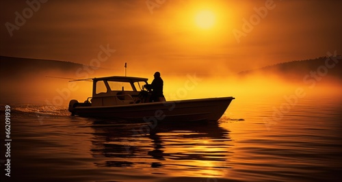 A man on a boat at sunset