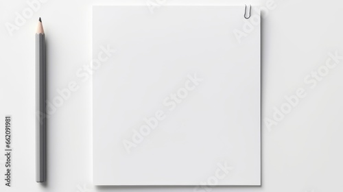 A blank white paper with a paperclip and a pencil on a white background. This image shows a blank white paper with a silver paperclip on the top right corner and a black pencil on the left side. The