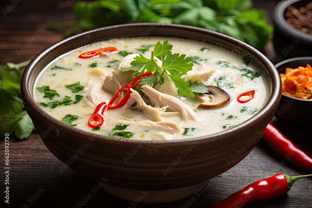 Creamy chicken soup with fresh herbs, mushrooms, red chilies. Suitable for culinary books and health blogs. Creamy chicken soup with fresh herbs, mushrooms, red chilies. Suitable for culinary books and health blogs.