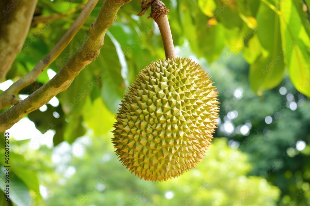 Durian hanging from tree with vibrant green foliage background. Asian cuisine and culture. Durian hanging from tree with vibrant green foliage background. Asian cuisine and culture.