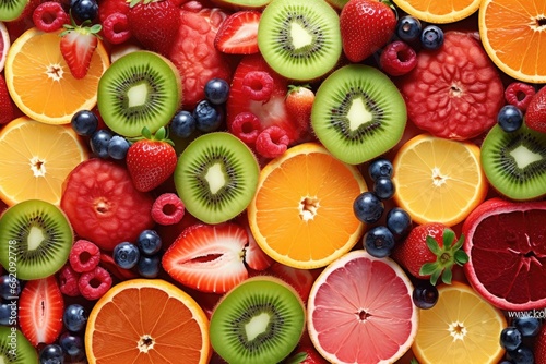 Fototapeta Naklejka Na Ścianę i Meble -  Vibrant display of assorted sliced fruits including oranges, kiwis, strawberries. Suitable for healthy diet promotions.