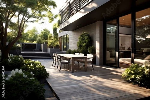 Contemporary outdoor aesthetic. Chic patio. Generative AI