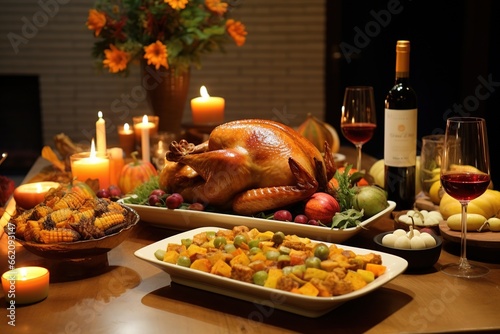 Delicious Thanksgiving turkey dinner. Top view table scene on a rustic white wood banner background. Turkey, mashed potatoes, stuffing, pumpkin pie and sides. Ai generated