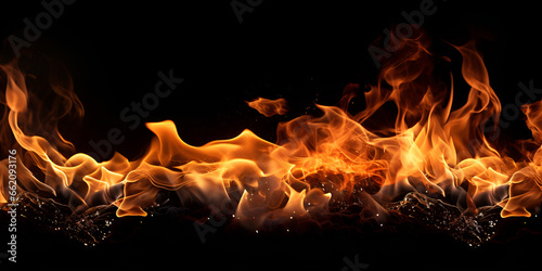 Fire Banner ,Blaze burning fire flame on art texture background ,Fire flames on abstract art black background ,generative ai
