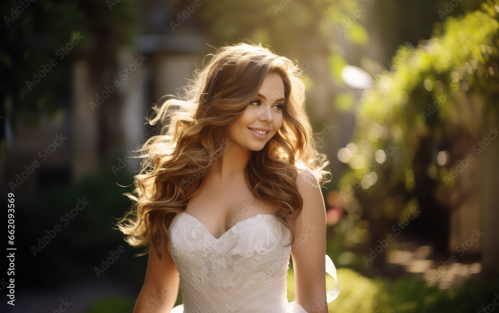a beautiful young bride posing wearing a white wedding dress against a natural background a beautiful young bride posing wearing a white wedding dress against a natural background