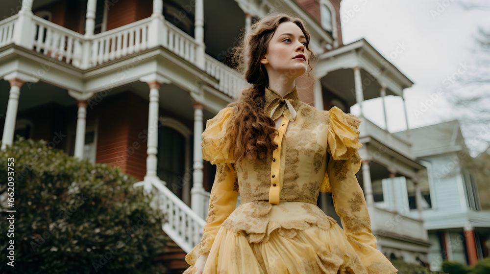 Southern belle wearing a yellow dress, standing in front of her manor