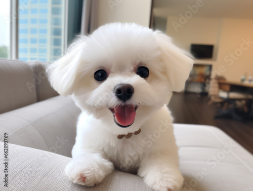 Cute Bichon frize puppy on the sofa at home