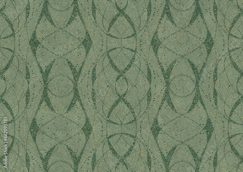 Hand-drawn unique abstract seamless ornament. Dark green on light warm green background, with splatters of golden glitter. Paper texture. Digital artwork, A4. (pattern: p10-4b)