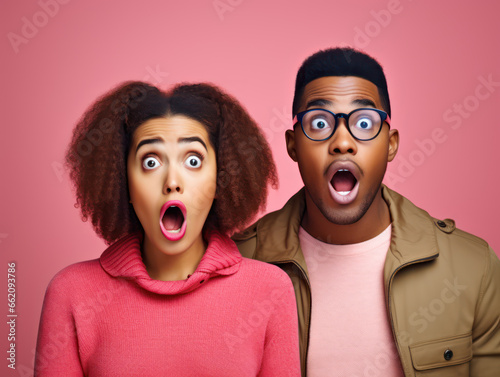 Shocked and surprised African couple with open mouths isolated on pink background