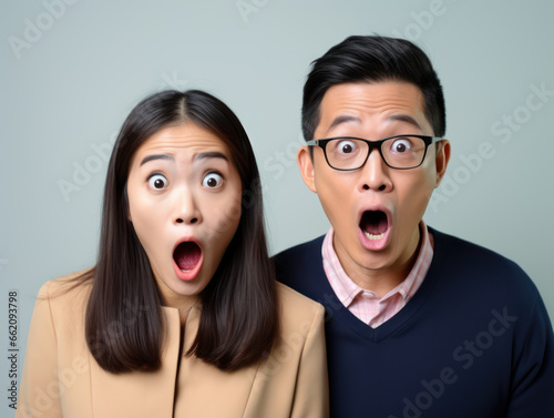 Shocked and surprised Asian couple with open mouths isolated on gray background