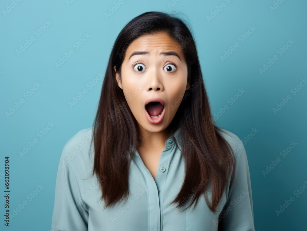 Asian woman with shocked and surprised with open mouth isolated on blue background Asian woman with shocked and surprised with open mouth isolated on blue background
