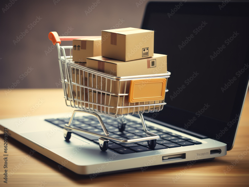 Mini shopping cart and boxes on laptop, concept of easy online shopping