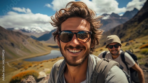 A Handsome man wearing hat and sunglasses taking selfie picture on vacation day - Happy backpacker smiling, Generative AI © kanesuan