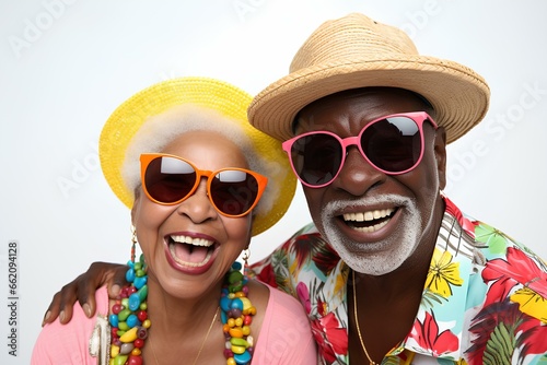 a Older afro Vacation Couple in Colorful Summer Clothes isolated On a white background. generative AI