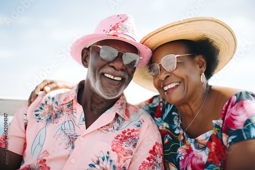 a Older afro Vacation Couple in Colorful Summer Clothes On a white beach. generative AI