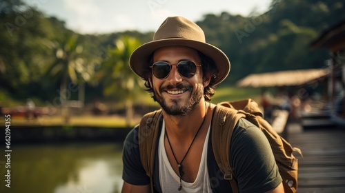 A Handsome man wearing hat and sunglasses taking selfie picture on vacation day - Happy backpacker smiling, Generative AI © kanesuan