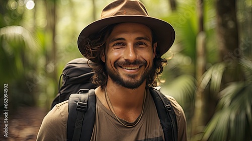 A Handsome man wearing hat and sunglasses taking selfie picture on vacation day - Happy backpacker smiling, Generative AI