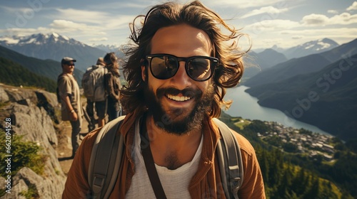 A Handsome man wearing hat and sunglasses taking selfie picture on vacation day - Happy backpacker smiling, Generative AI