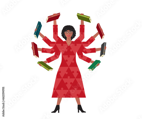 Woman in shiva model with plenty of books. Isolated. Vector illustration.
