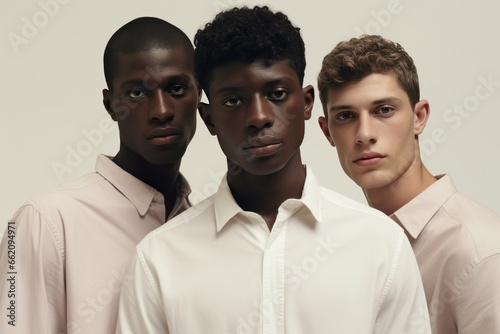 Three multiracial young men in formal white shirts
