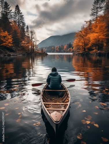 Canoe on lake, man adventure in the forest. Generative ai