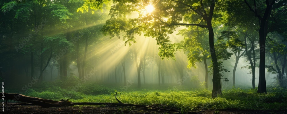 green forest trees with sun ray background, Generative AI green forest trees with sun ray background, Generative AI