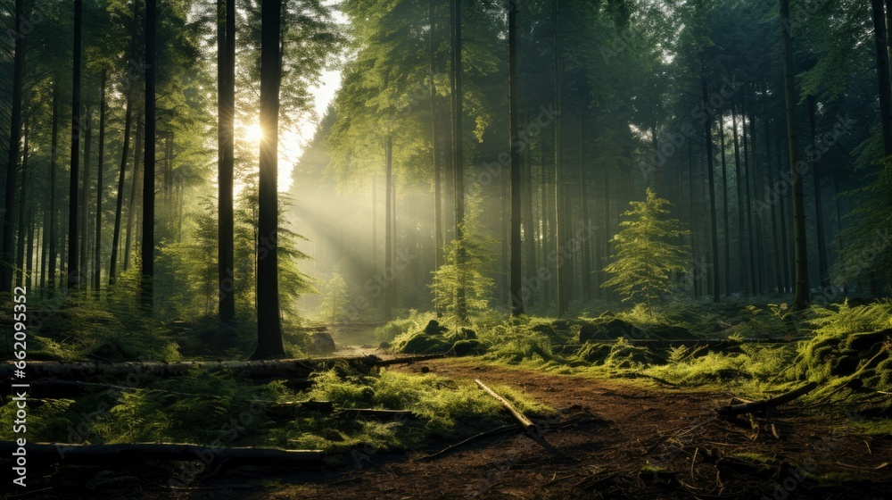 green forest trees with sun ray background, Generative AI - obrazy, fototapety, plakaty 