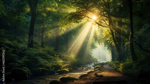 green forest trees with sun ray background, Generative AI © kanesuan