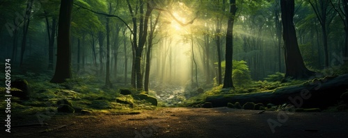 green forest trees with sun ray background, Generative AI © kanesuan