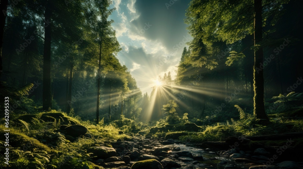 green forest trees with sun ray background, Generative AI green forest trees with sun ray background, Generative AI