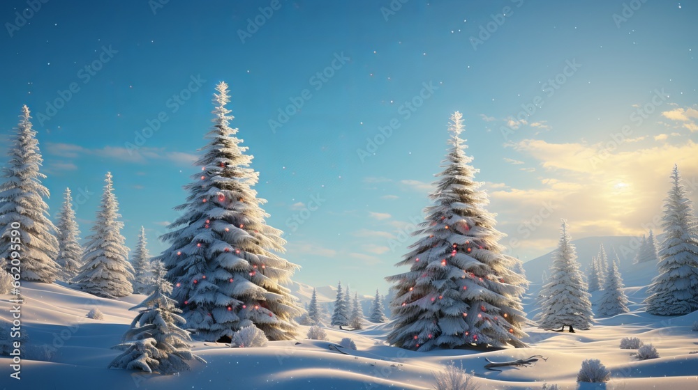 Christmas tree in the snow and beautiful sky. Generative ai