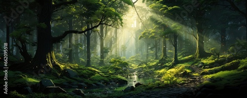 green forest trees with sun ray background  Generative AI