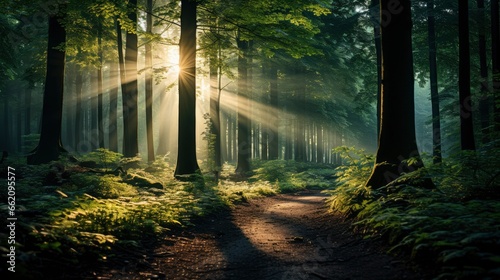 green forest trees with sun ray background, Generative AI