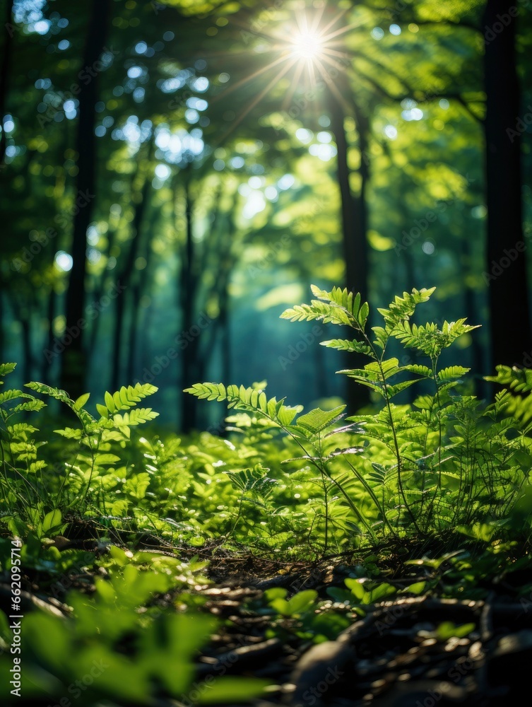green forest trees with sun ray background, Generative AI green forest trees with sun ray background, Generative AI