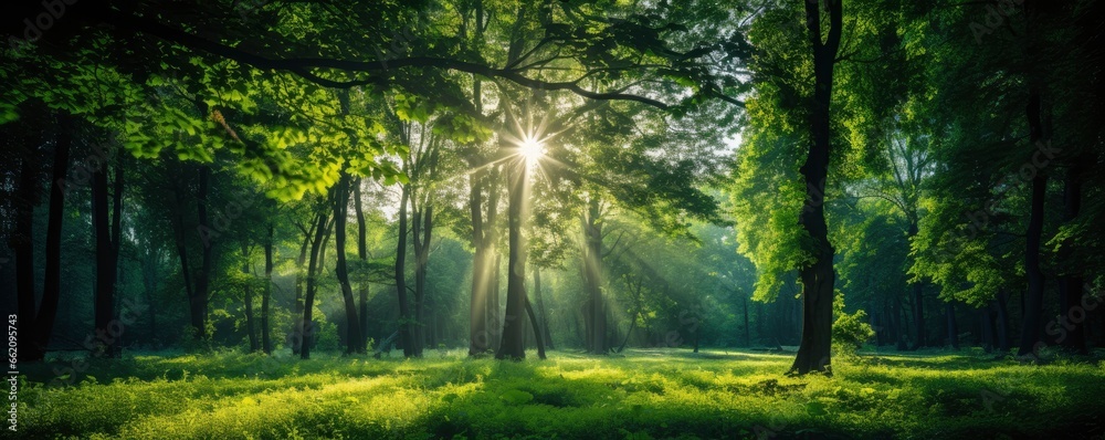green forest trees with sun ray background, Generative AI green forest trees with sun ray background, Generative AI