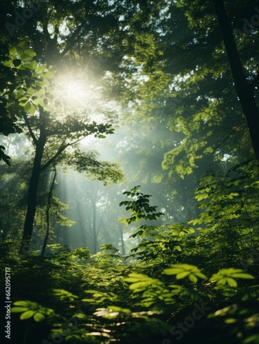 green forest trees with sun ray background  Generative AI