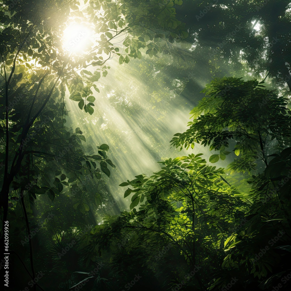 green forest trees with sun ray background, Generative AI