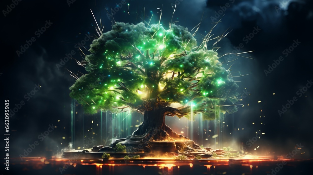 Tree with futuristic icon, eco system, natural environment concept. Generative ai