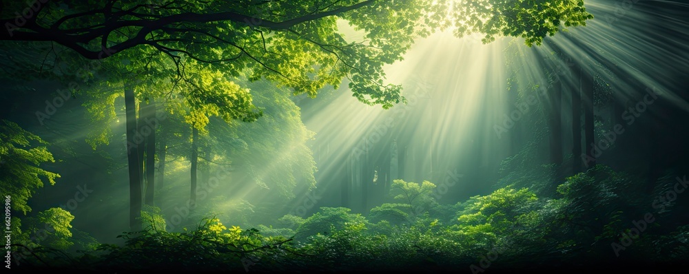 green forest trees with sun ray background, Generative AI - obrazy, fototapety, plakaty 