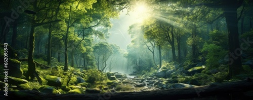 green forest trees with sun ray background  Generative AI