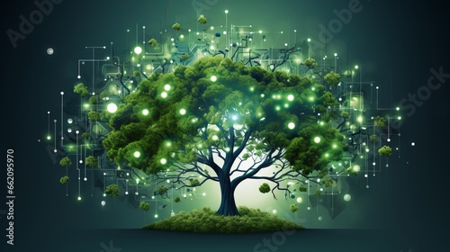 Tree with futuristic icon, eco system, natural environment concept. Generative ai